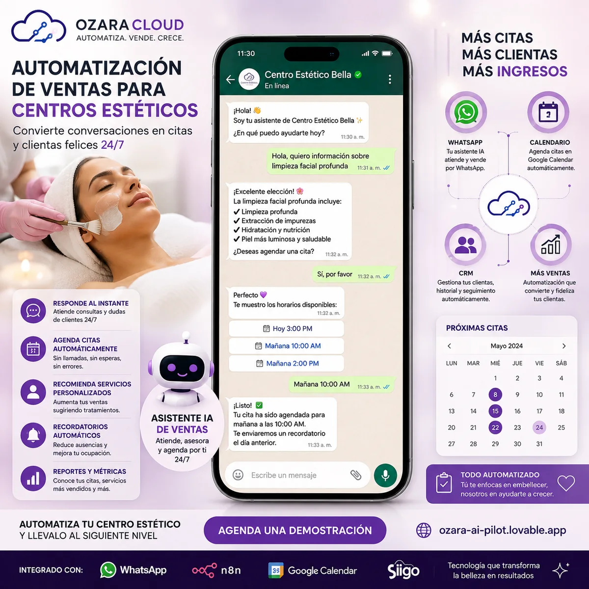 Infografía de automatización de citas para centros estéticos por WhatsApp