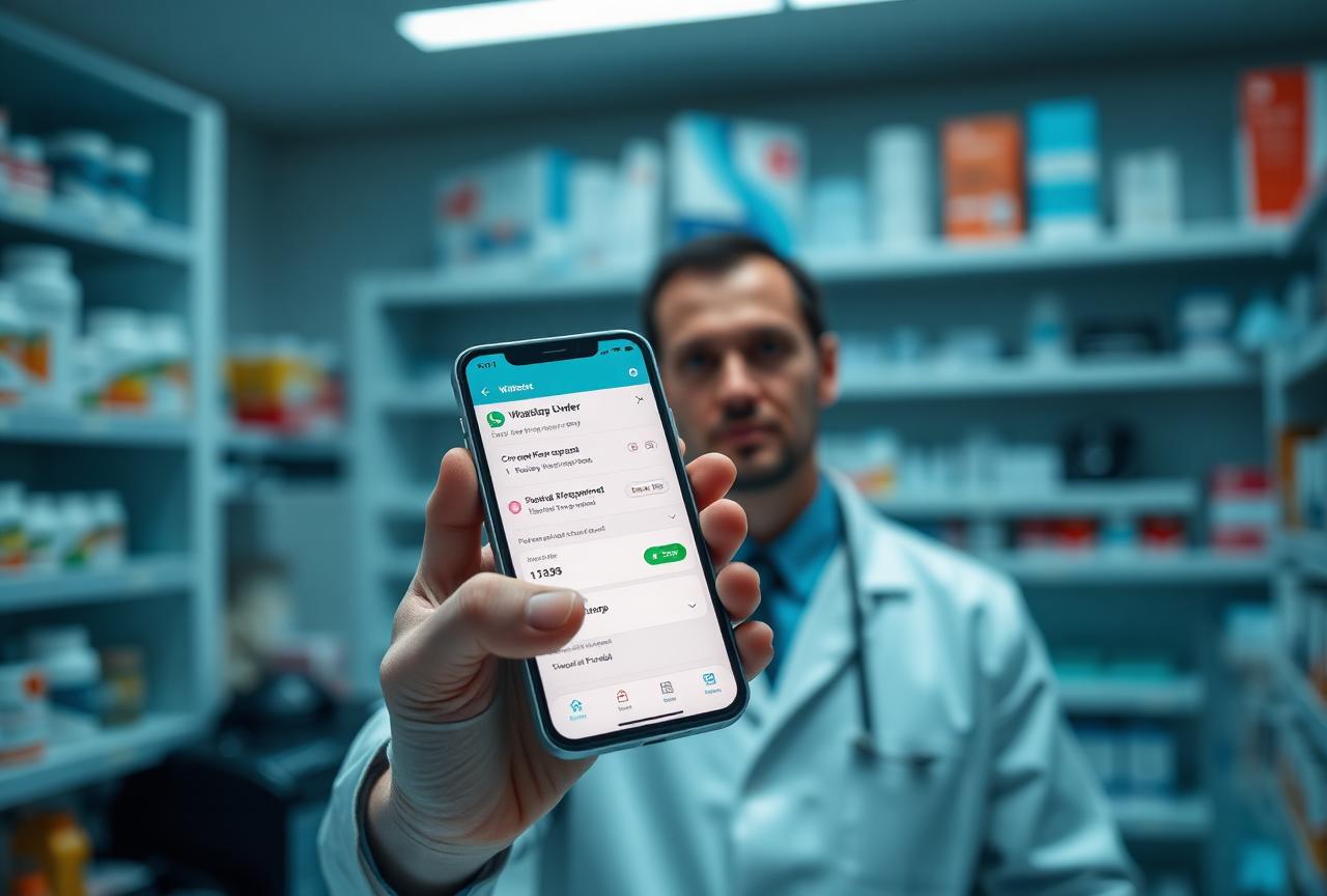 Farmacéutico mostrando un pedido de medicamentos confirmado por WhatsApp