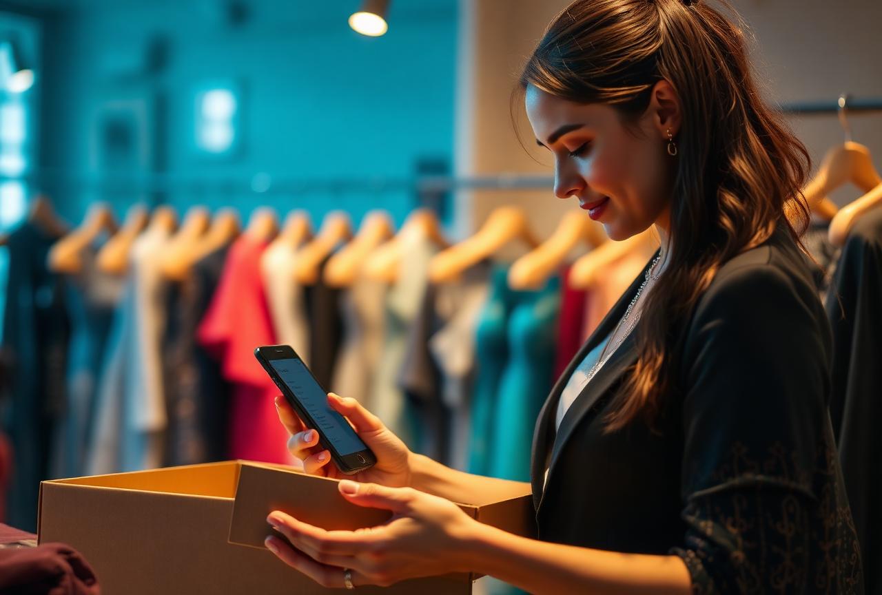 Dueña de una boutique empacando un pedido mientras revisa el pago por WhatsApp