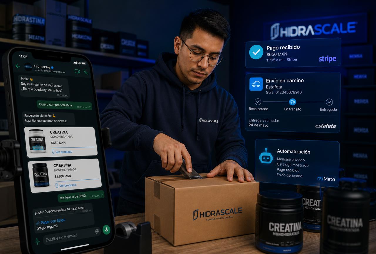 Emprendedor empacando un pedido mientras el asistente de WhatsApp cobra y genera el envío