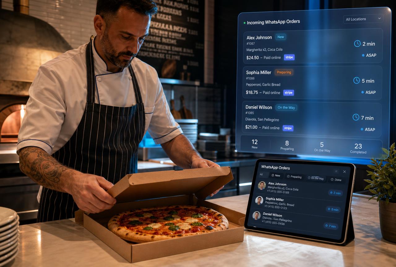 Pizzero empacando una pizza junto a un tablero de pedidos entrantes por WhatsApp