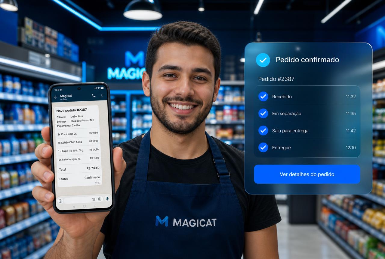 Empleado de supermercado mostrando un pedido confirmado por WhatsApp en su celular